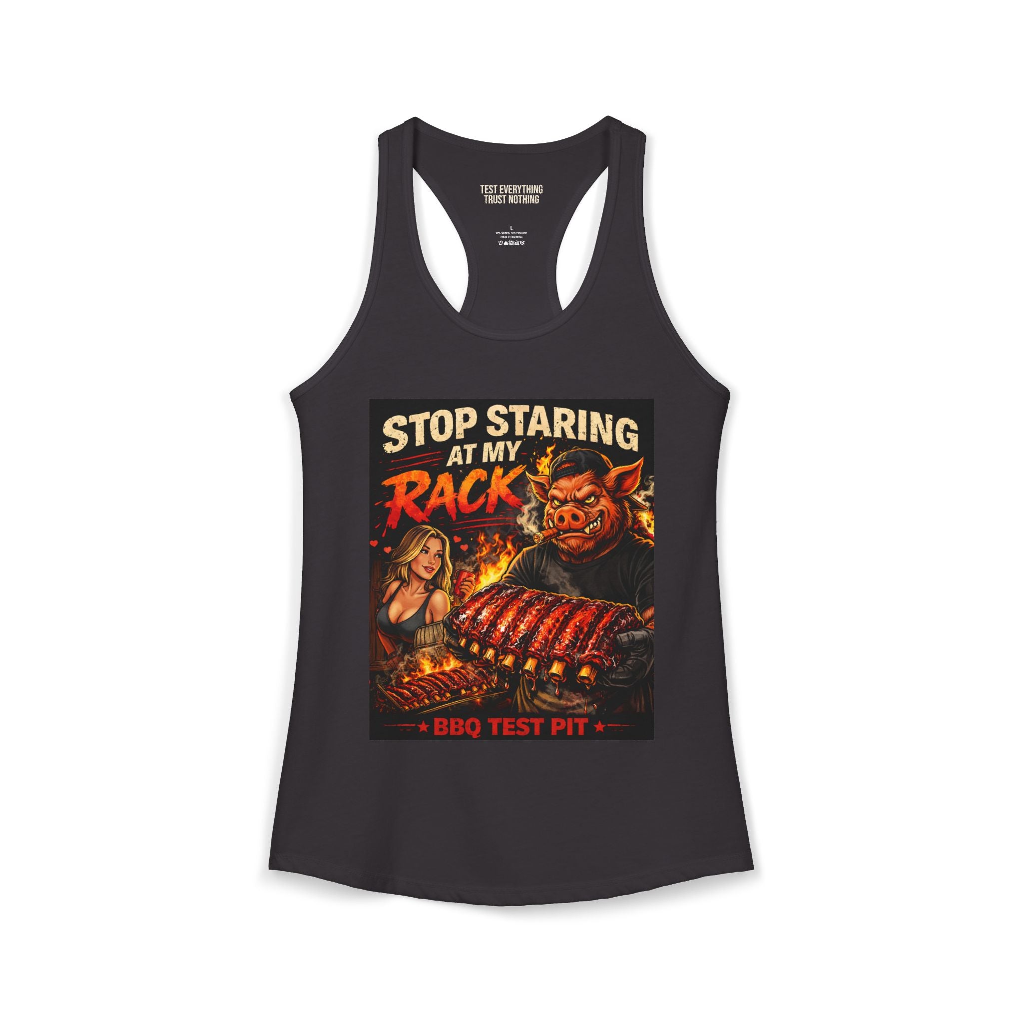 Stop Staring At My Rack Women's Tank Top — Premium Racerback | BBQ Test Pit