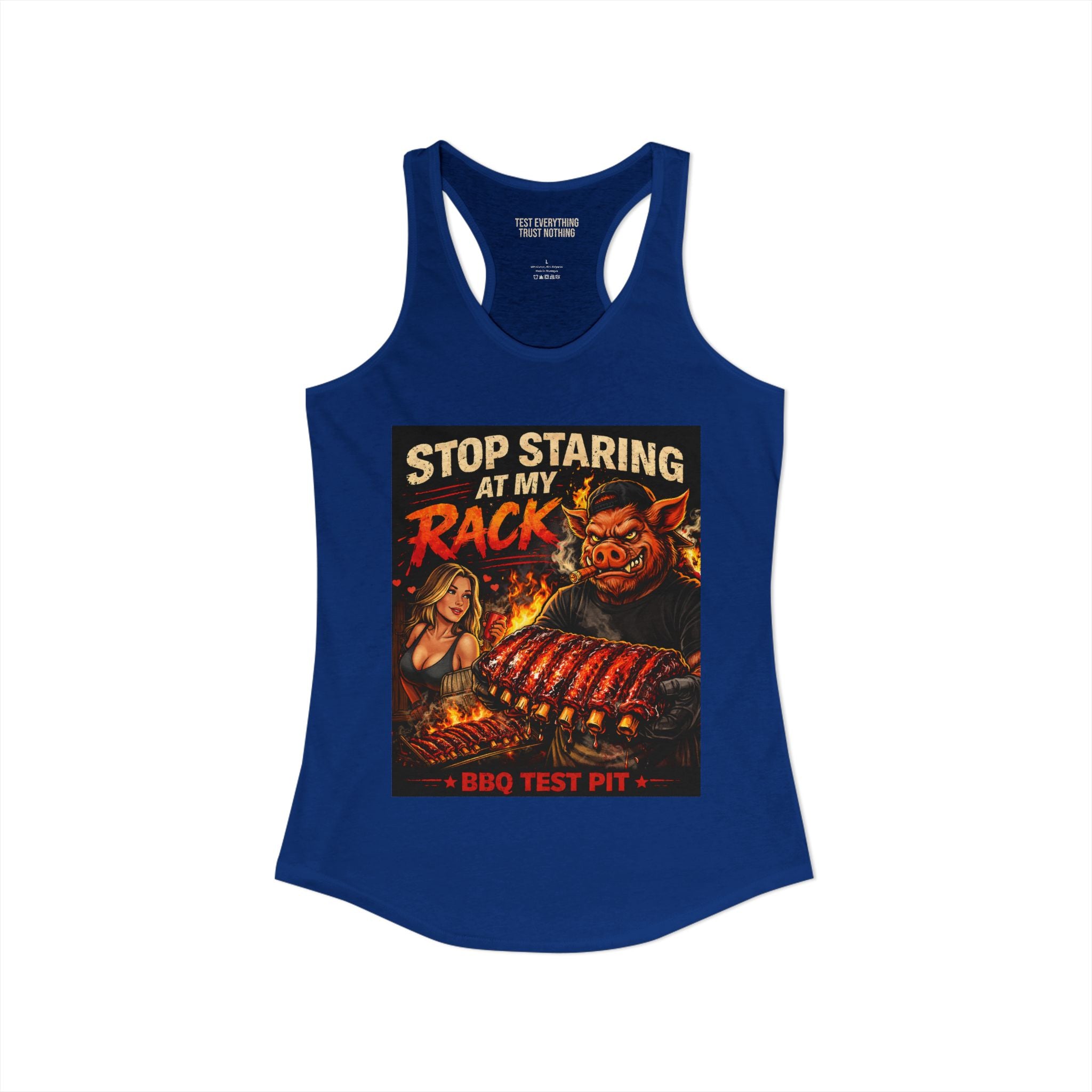 Stop Staring At My Rack Women's Tank Top — Premium Racerback | BBQ Test Pit