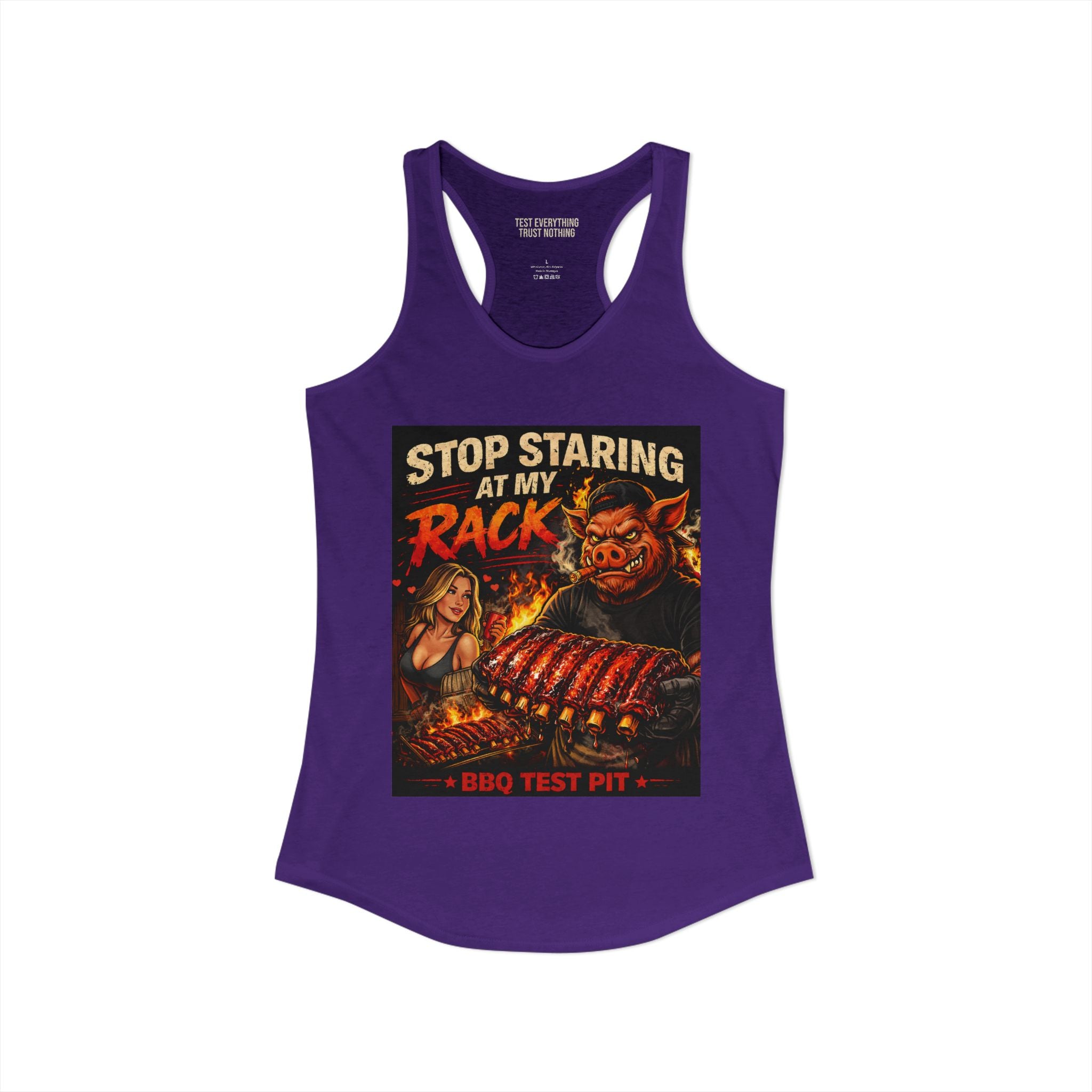 Stop Staring At My Rack Women's Tank Top — Premium Racerback | BBQ Test Pit