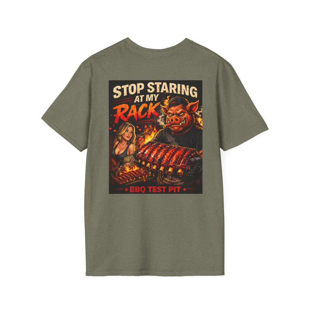 Stop Staring At My Rack T-Shirt — Premium Softstyle Rib Tee | BBQ Test Pit