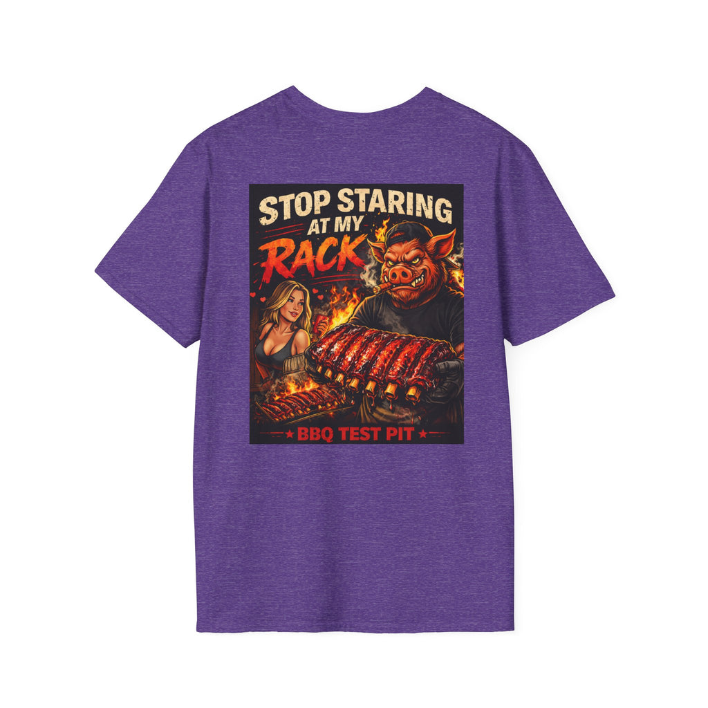 Stop Staring At My Rack T-Shirt — Premium Softstyle Rib Tee | BBQ Test Pit