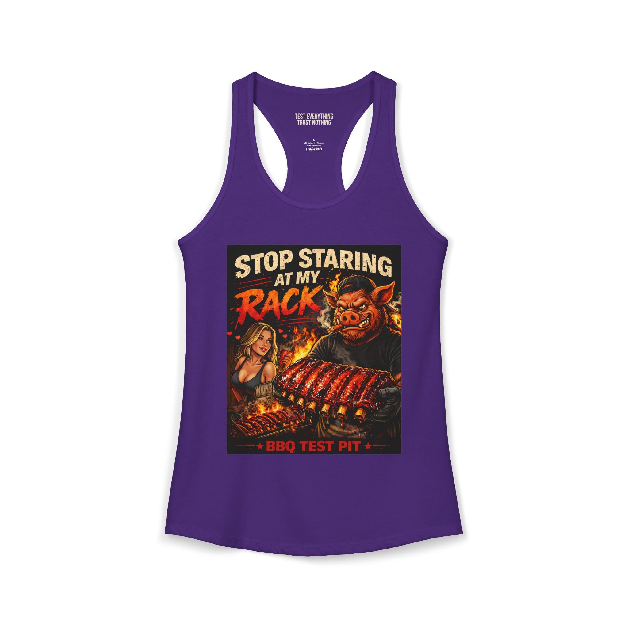 Stop Staring At My Rack Women's Tank Top — Premium Racerback | BBQ Test Pit