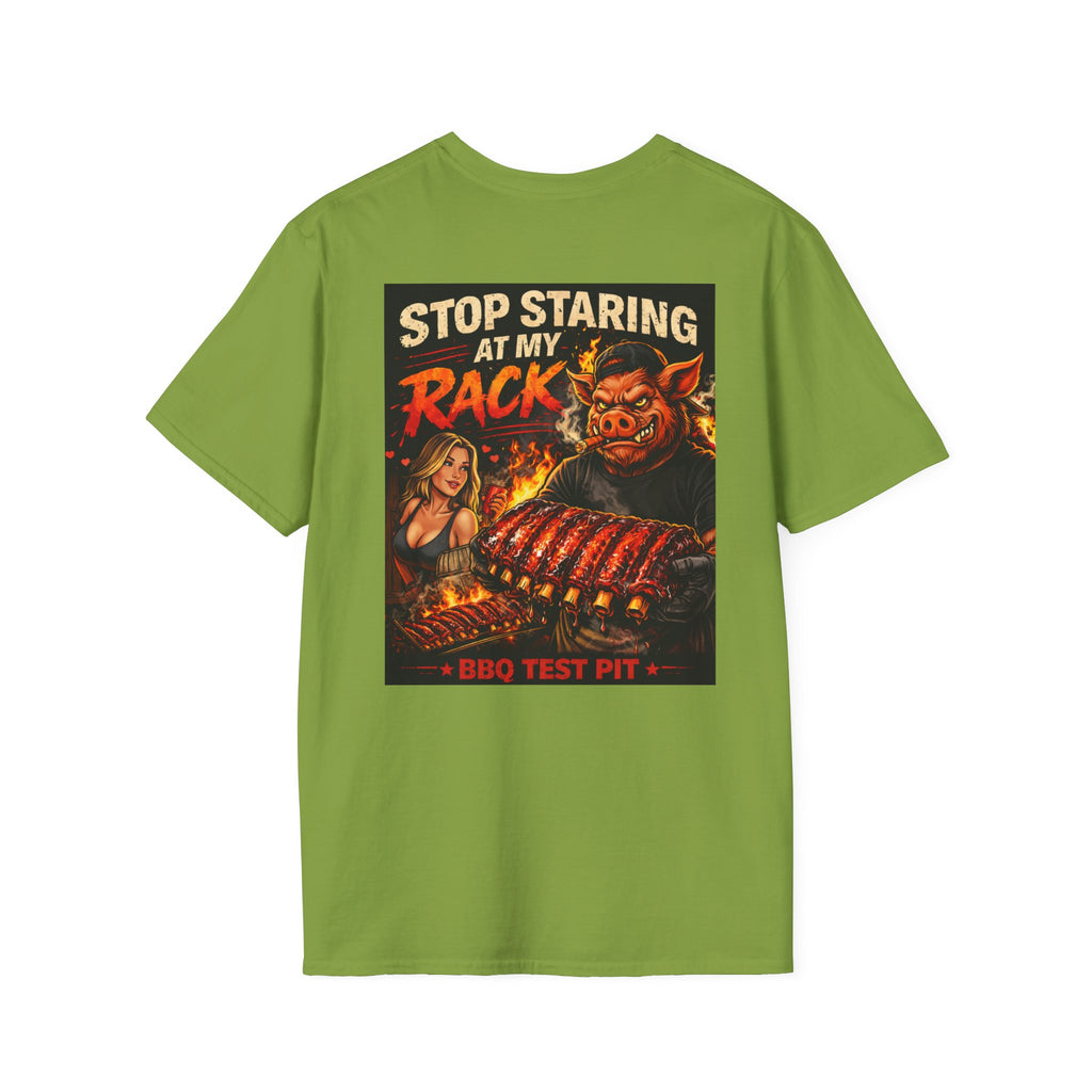 Stop Staring At My Rack T-Shirt — Premium Softstyle Rib Tee | BBQ Test Pit