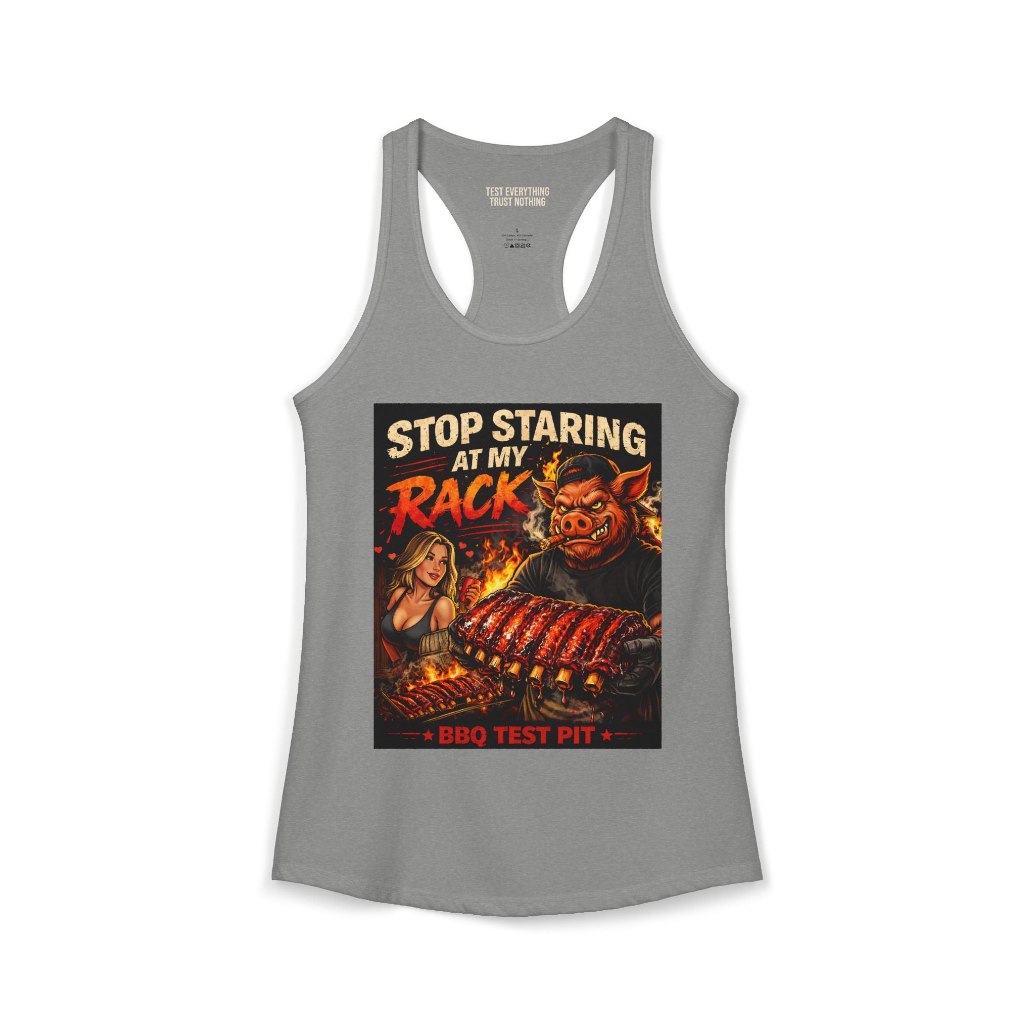 Stop Staring At My Rack Women's Tank Top — Premium Racerback | BBQ Test Pit