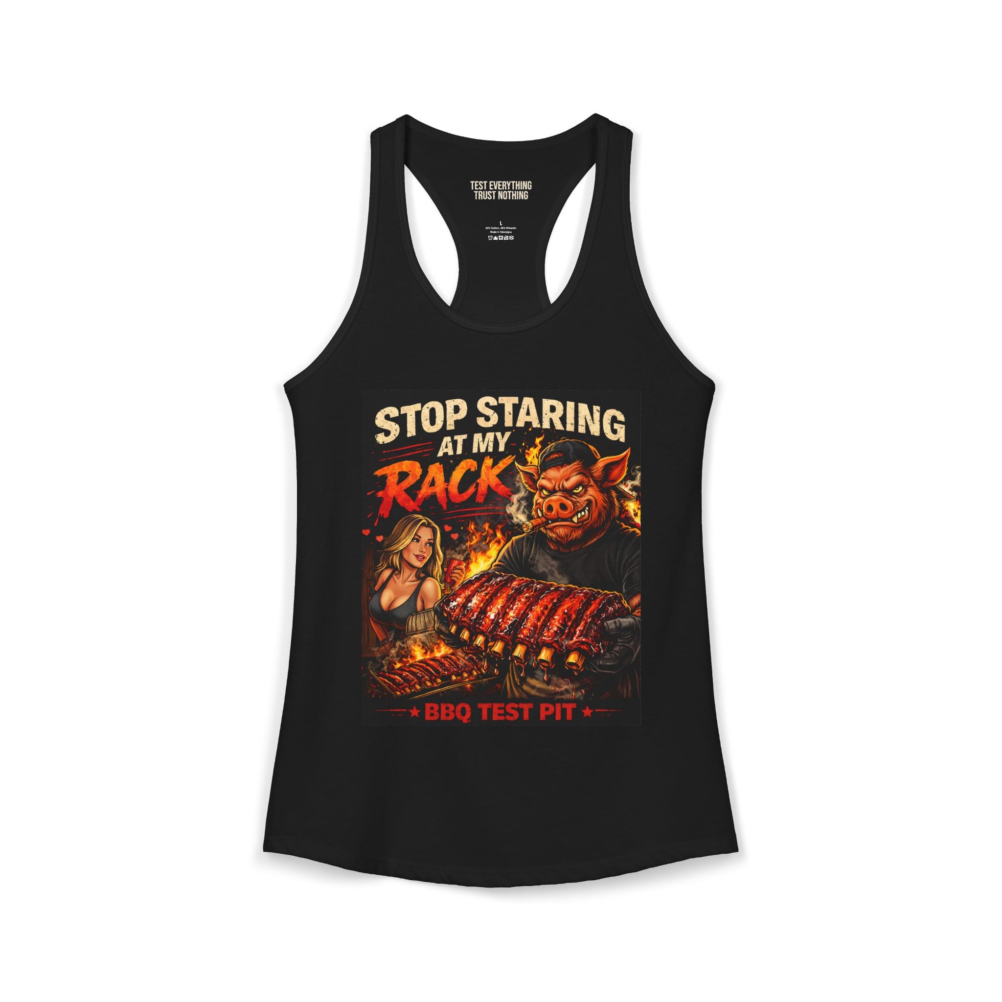 Stop Staring At My Rack Women's Tank Top — Premium Racerback | BBQ Test Pit