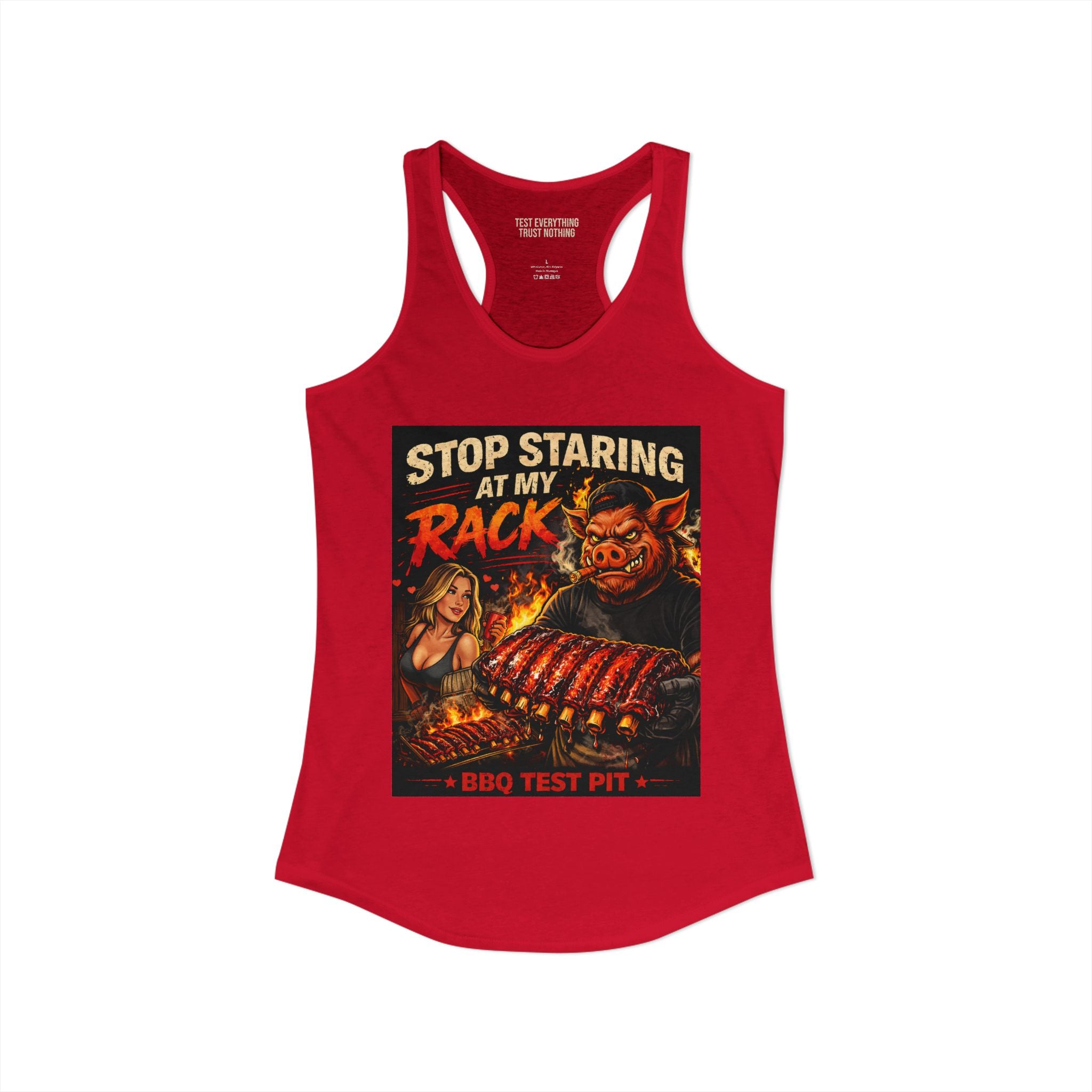 Stop Staring At My Rack Women's Tank Top — Premium Racerback | BBQ Test Pit