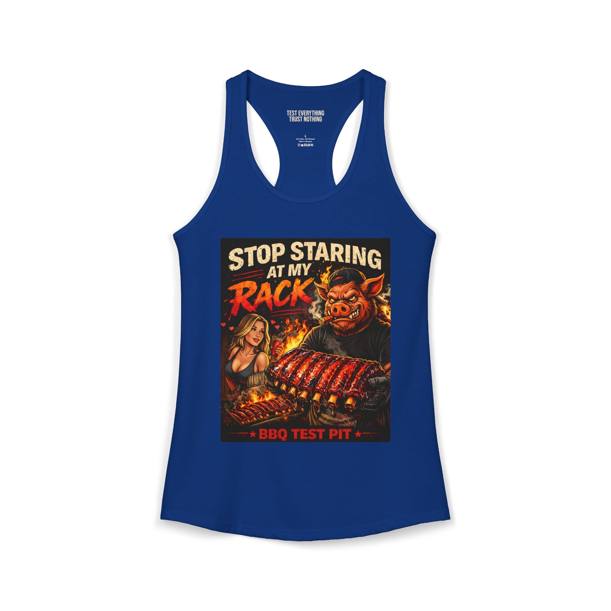 Stop Staring At My Rack Women's Tank Top — Premium Racerback | BBQ Test Pit