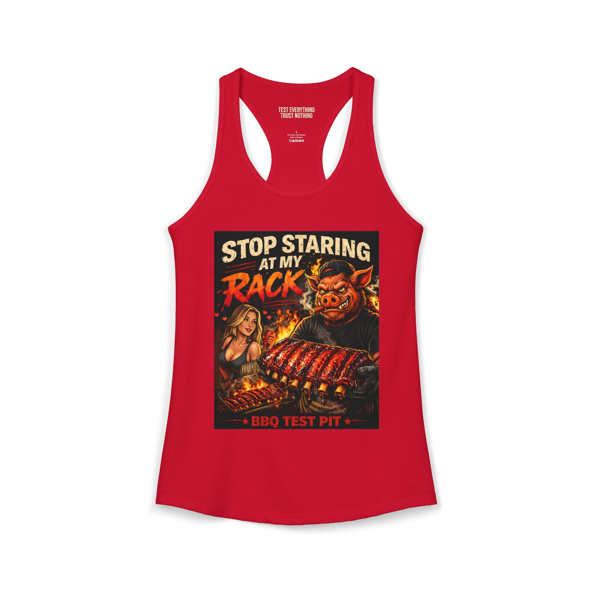 Stop Staring At My Rack Women's Tank Top — Premium Racerback | BBQ Test Pit