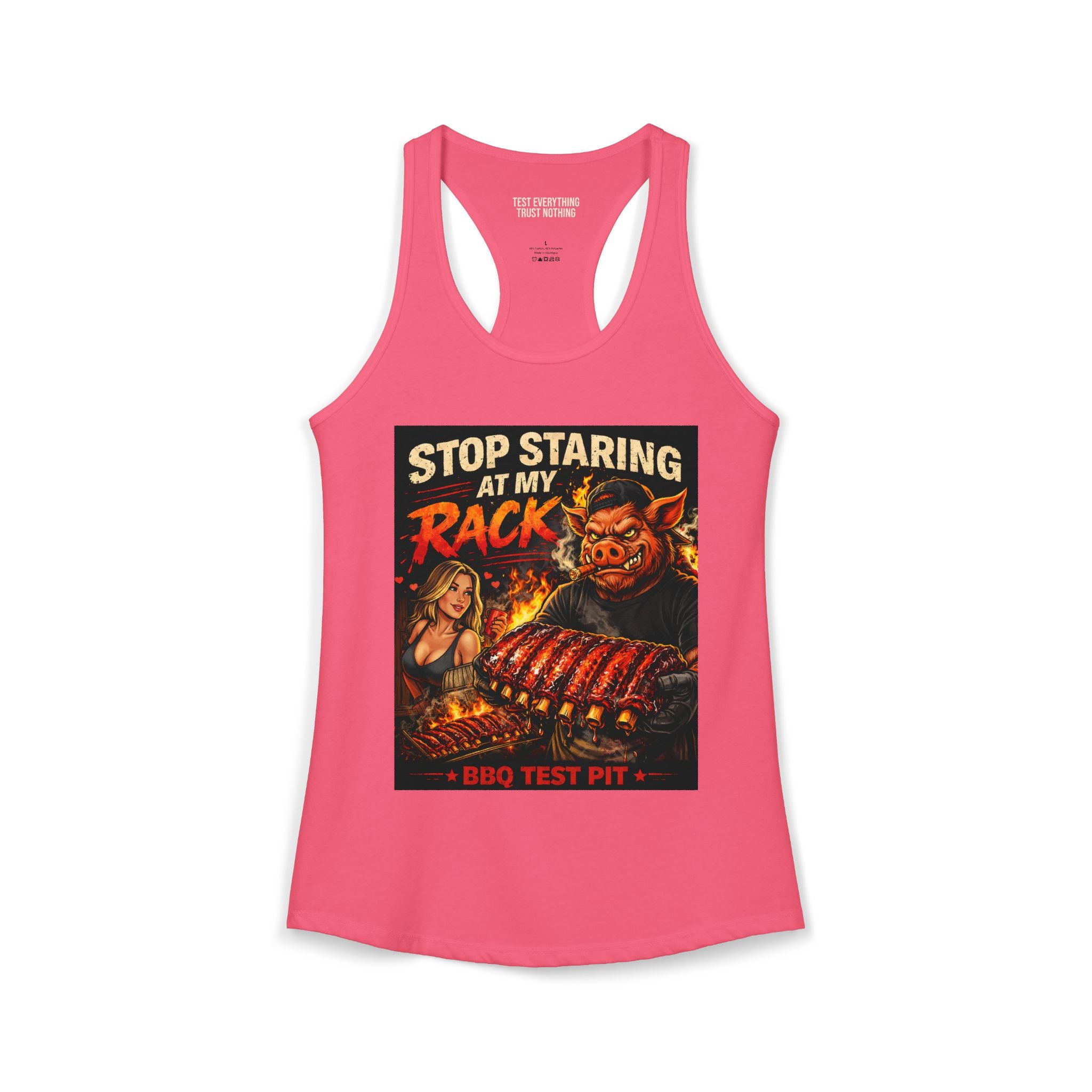 Stop Staring At My Rack Women's Tank Top — Premium Racerback | BBQ Test Pit