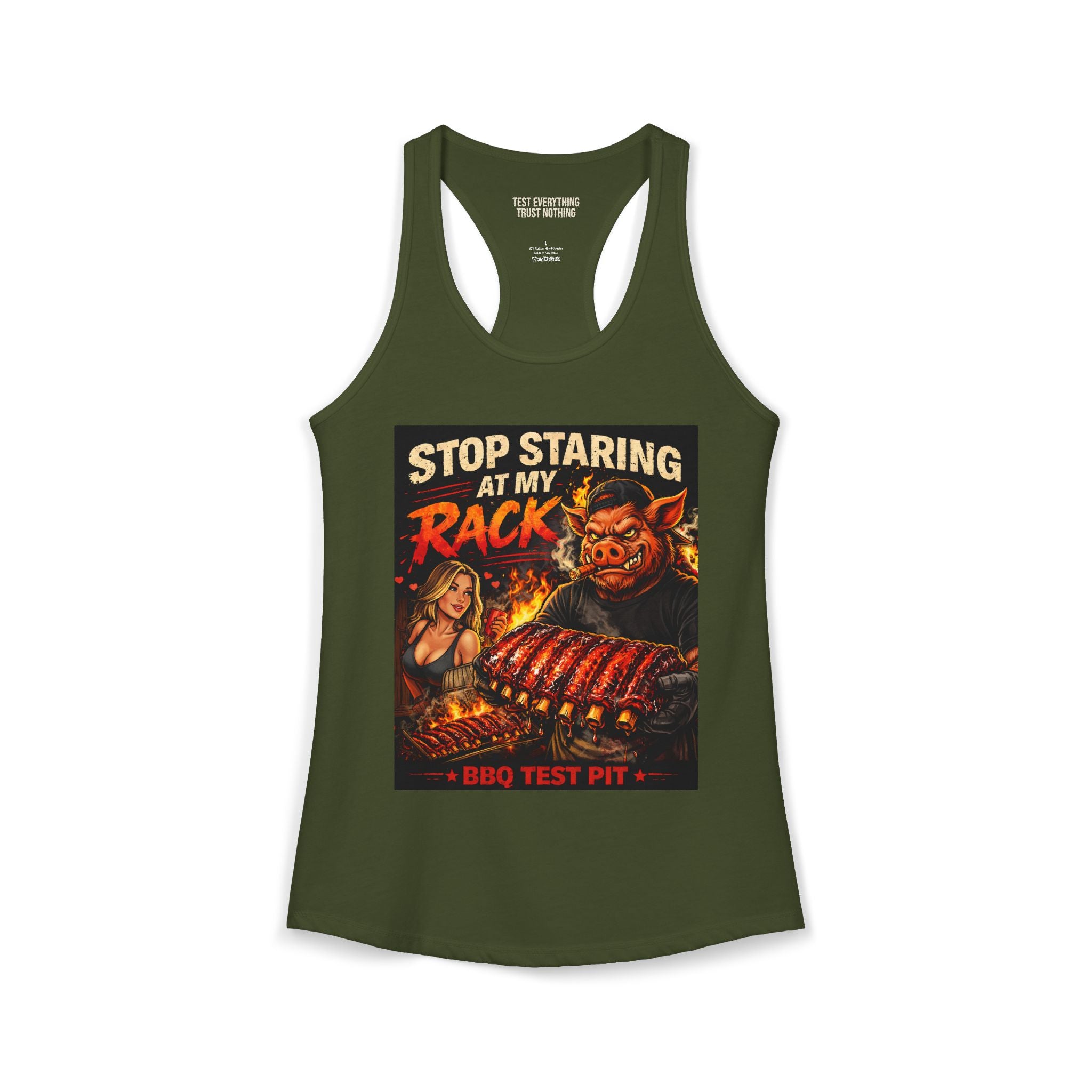 Stop Staring At My Rack Women's Tank Top — Premium Racerback | BBQ Test Pit