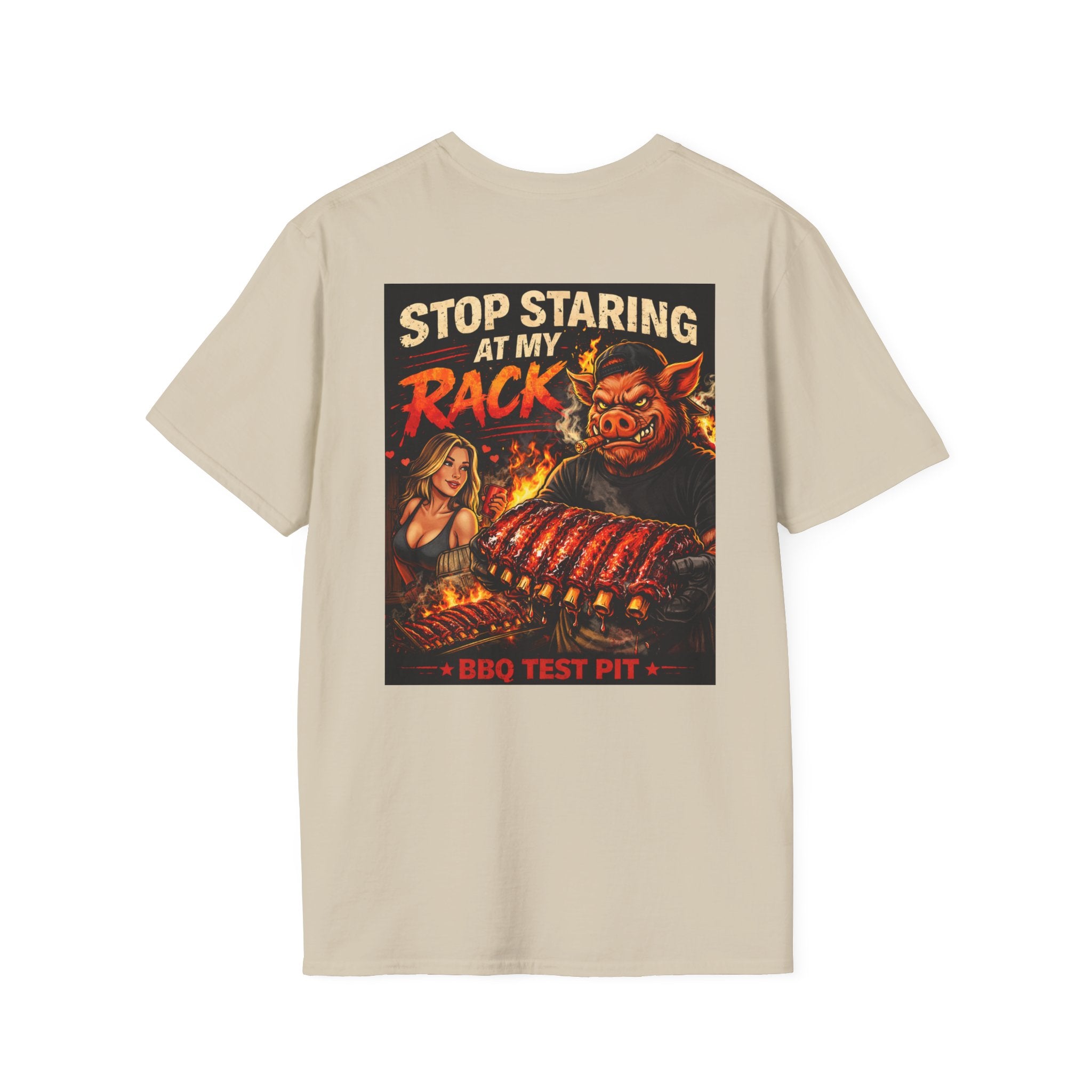 Stop Staring At My Rack T-Shirt — Premium Softstyle Rib Tee | BBQ Test Pit