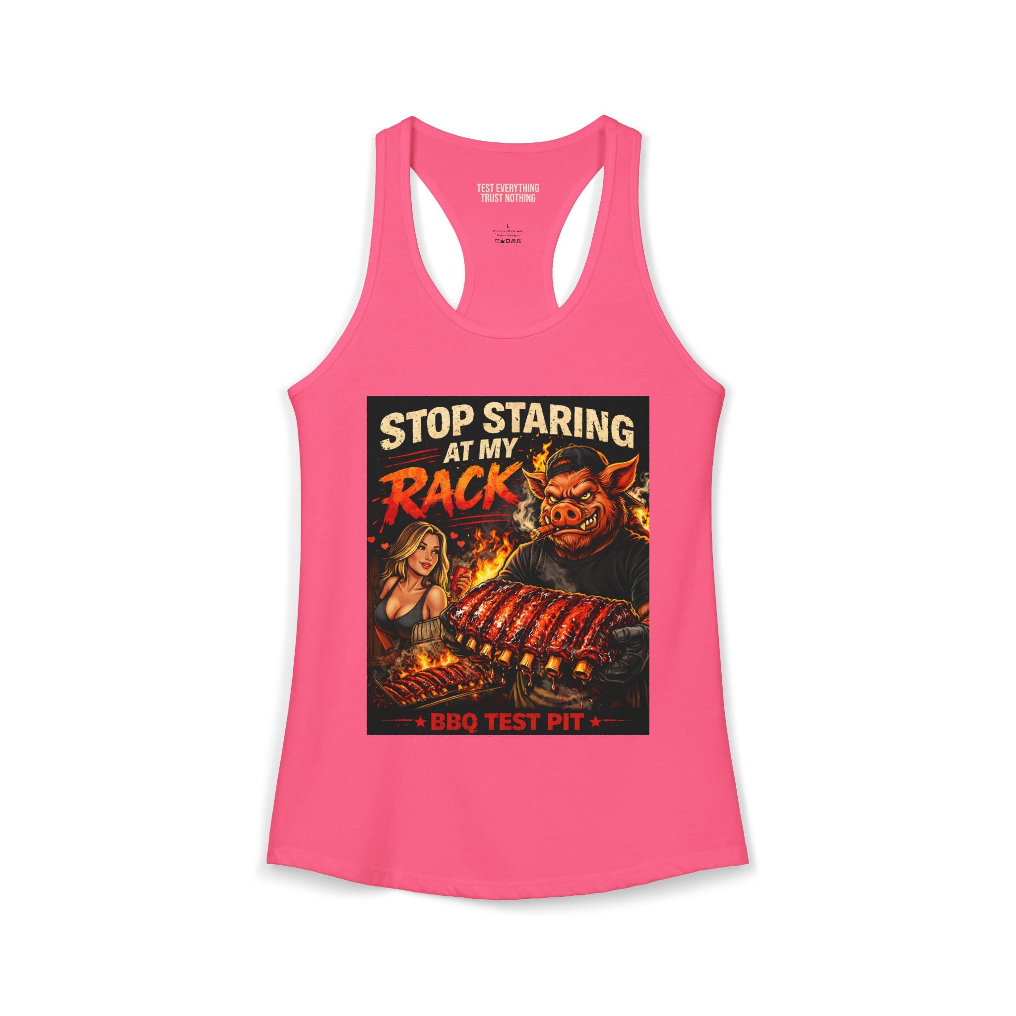 Stop Staring At My Rack Women's Tank Top — Premium Racerback | BBQ Test Pit