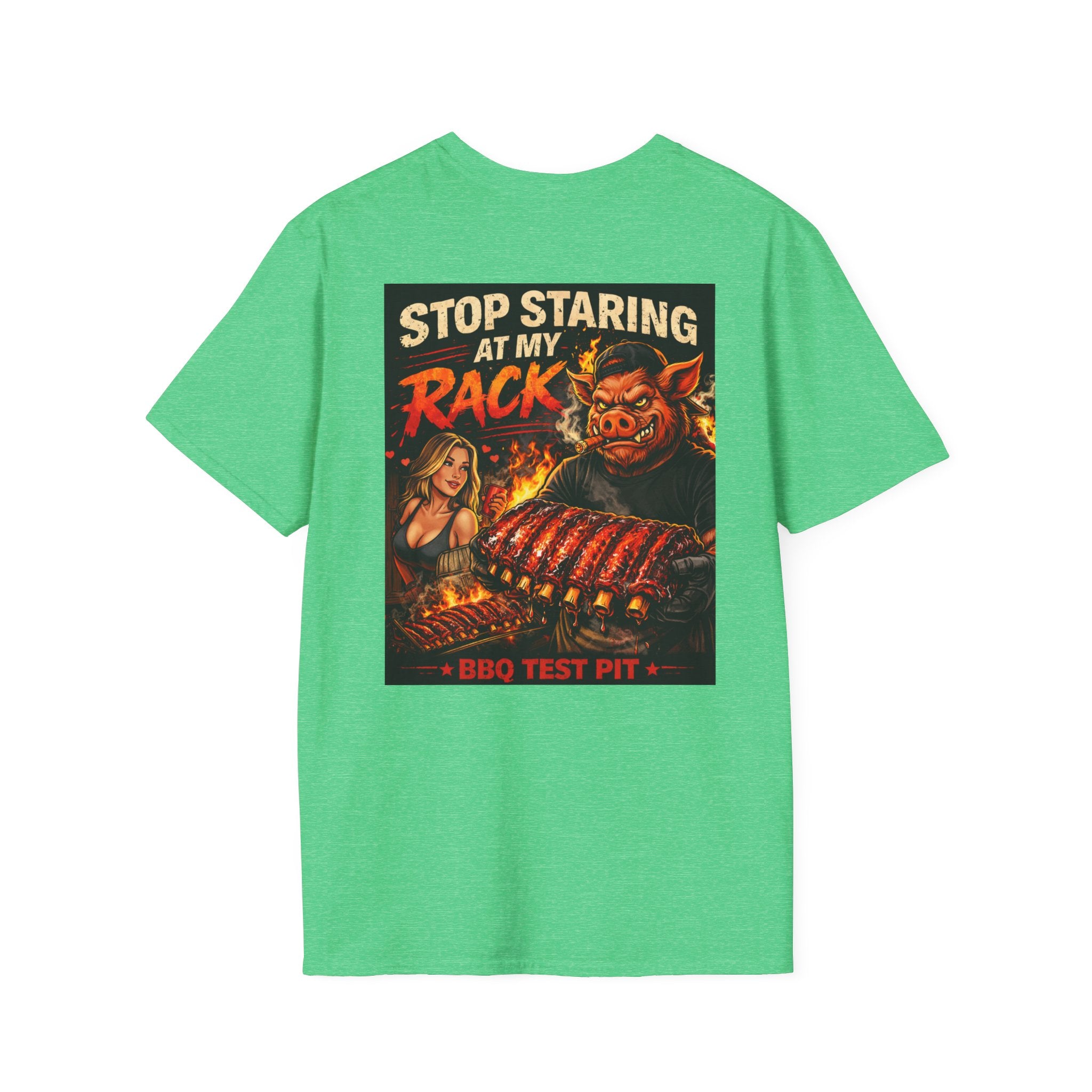 Stop Staring At My Rack T-Shirt — Premium Softstyle Rib Tee | BBQ Test Pit