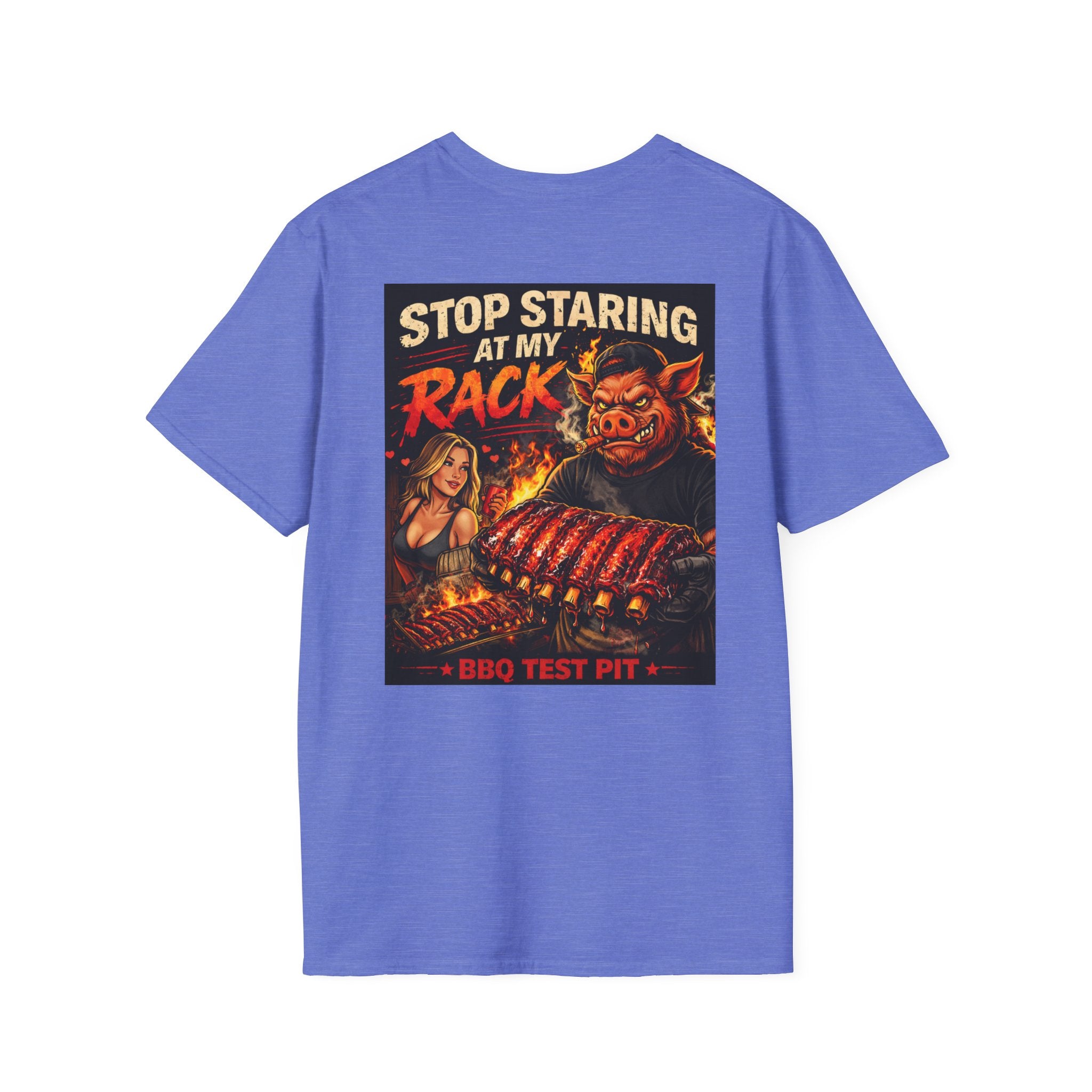 Stop Staring At My Rack T-Shirt — Premium Softstyle Rib Tee | BBQ Test Pit