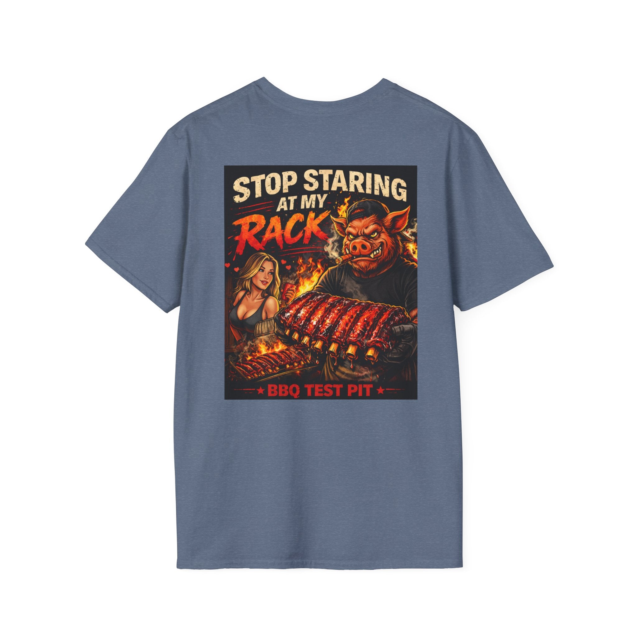 Stop Staring At My Rack T-Shirt — Premium Softstyle Rib Tee | BBQ Test Pit