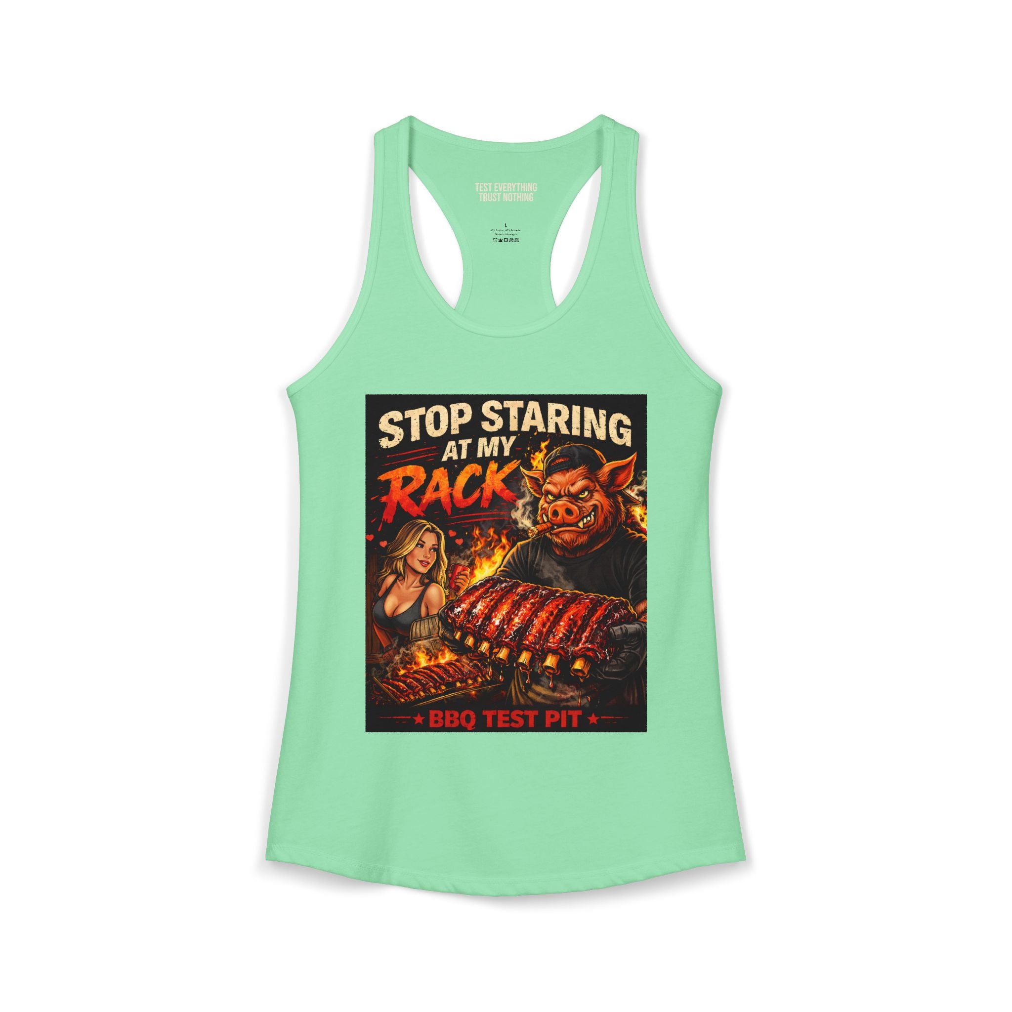 Stop Staring At My Rack Women's Tank Top — Premium Racerback | BBQ Test Pit
