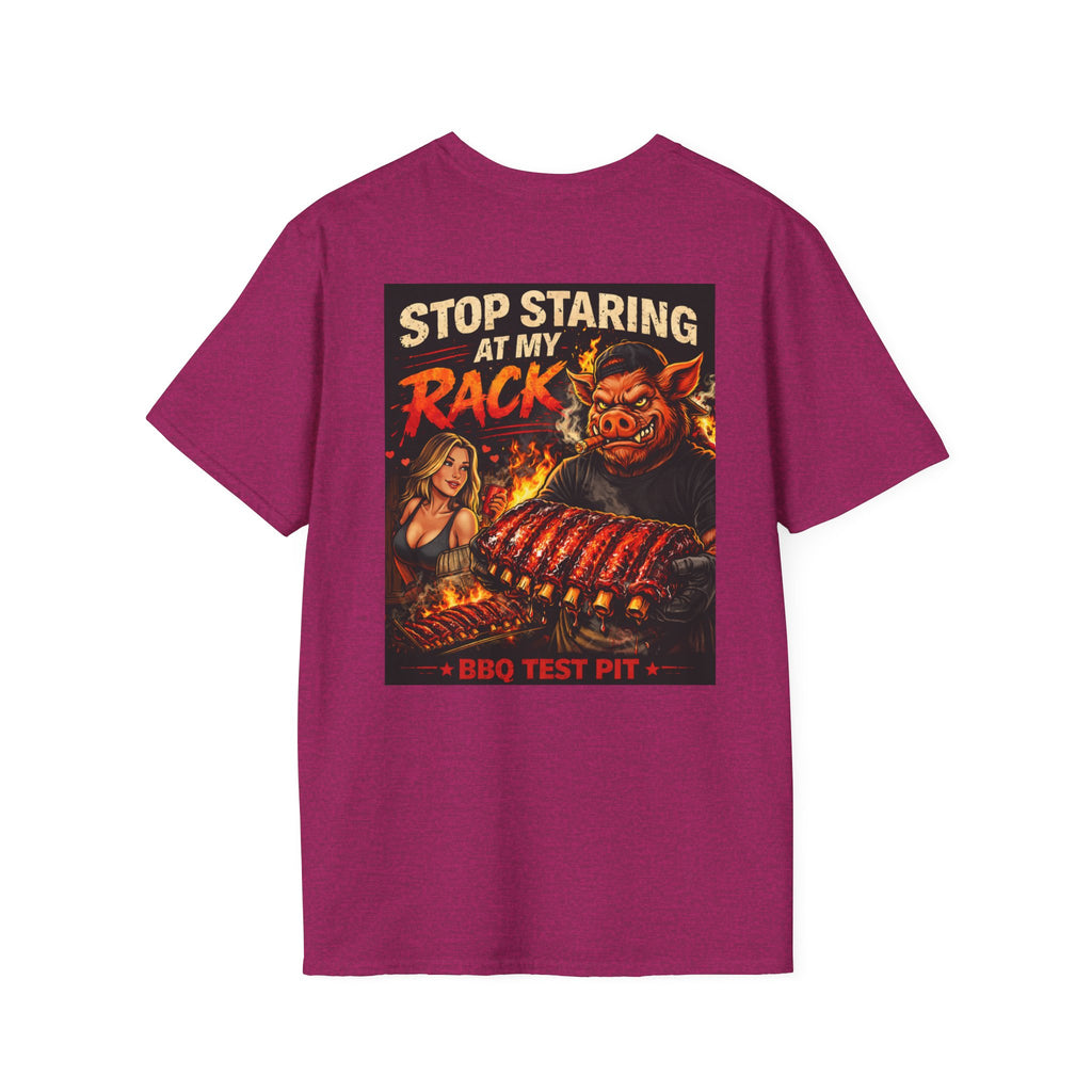 Stop Staring At My Rack T-Shirt — Premium Softstyle Rib Tee | BBQ Test Pit